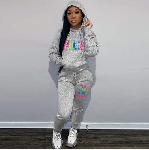WOMEN'S 2pc PINK PRINT HOODIE & JOGGER SET (GRAY) IN STORES NOW!