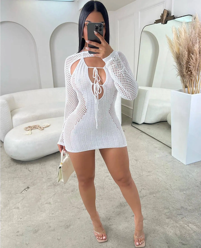 WOMEN'S 2PC BODYCON CROCHET TIE-UP DRESS (White) IN STORES NOW!