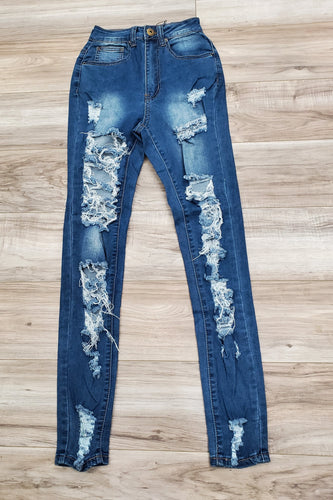 REDFOX High Waisted Rip Off Jeans (Medium Blue) PA0422