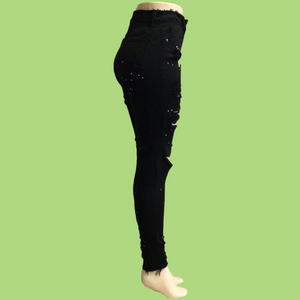 REDFOX HIGH WAISTED Rip Off Fringe Jeans SPLATTER (BLACK)PA0507