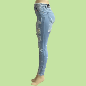REDFOX HIGH WAISTED Rip Off Fringe Jeans SPLATTER (LT BLUE)PA0507