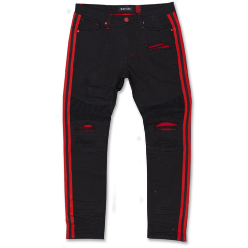 MAKOBI 4046 Shredded Jeans w/ Side Tape (Black Red)