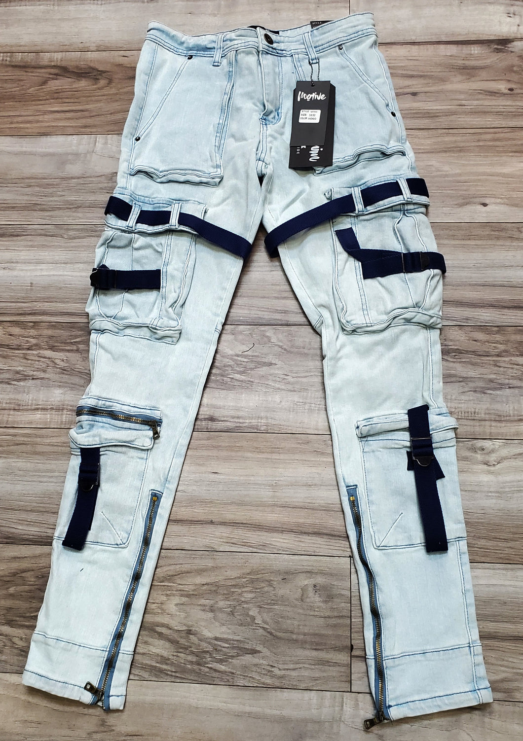 MOTIVE DENIM CARGO JEANS W/STRAPS (LT/BLUE/NAVY)