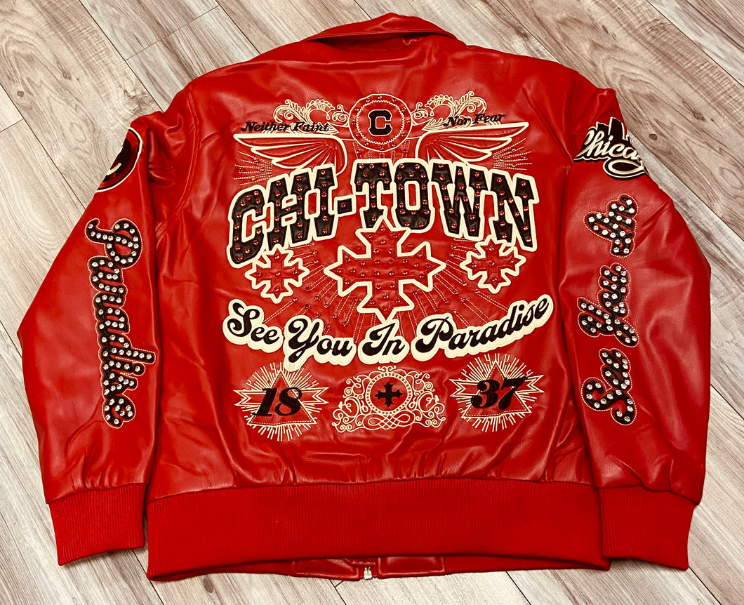 JORDAN CRAIG CHICAGO RHINESTONE BOMBER JACKET (RED)