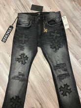 Load image into Gallery viewer, JORDAN CRAIG SYIP VEGAN LEATHER CROSS PATCH JEANS JTF2266 (BLACK SHADOW)