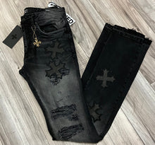 Load image into Gallery viewer, JORDAN CRAIG SYIP VEGAN LEATHER CROSS PATCH JEANS JTF2266 (BLACK SHADOW)