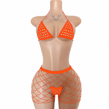 Load image into Gallery viewer, Dance WOMEN'S 3PC RHINESTONE FLOSS BIKINI &amp; LARGE DIAMOND FISHNET SHORTS
