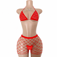 Load image into Gallery viewer, Dance WOMEN'S 3PC RHINESTONE FLOSS BIKINI &amp; LARGE DIAMOND FISHNET SHORTS