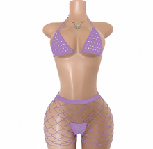 Load image into Gallery viewer, Dance WOMEN'S 3PC RHINESTONE FLOSS BIKINI &amp; LARGE DIAMOND FISHNET SHORTS