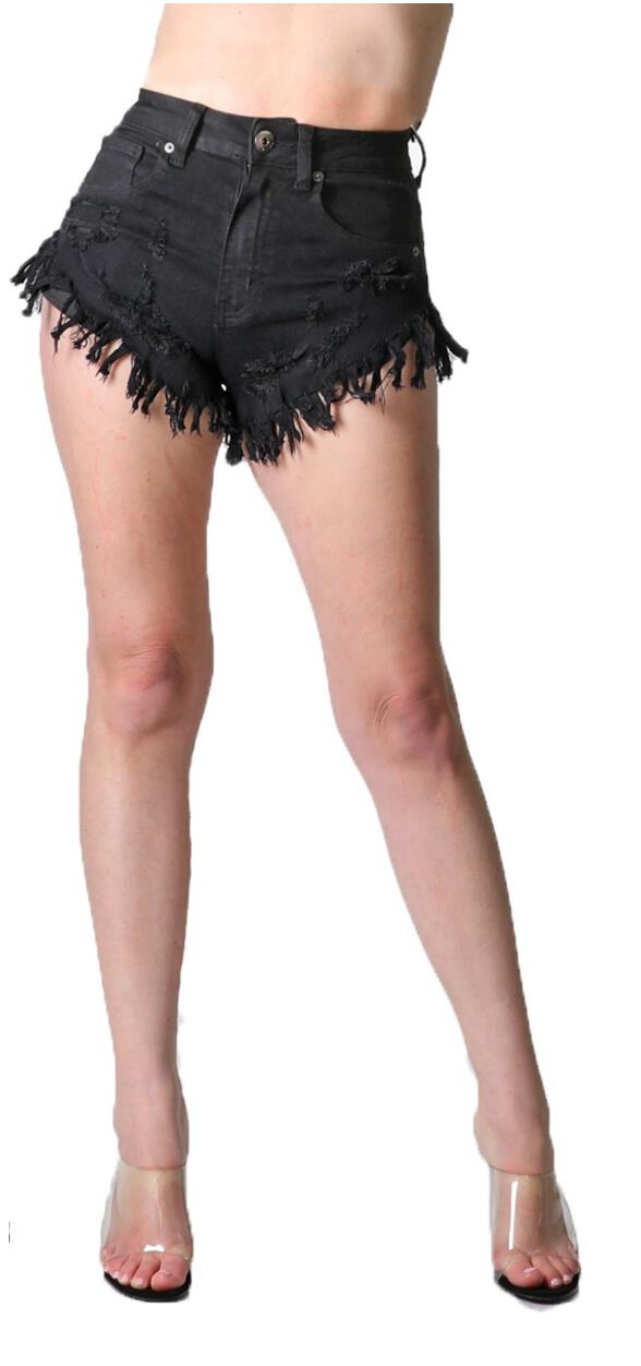 REDFOX HIGH WAIST WOMEN FRAY SHORTS (BLACK) PS136B