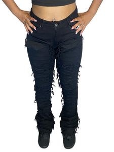 RED FOX WOMEN'S STACKED FRAYED HEAVY TWILL PANTS PA4416 (JET BLACK)
