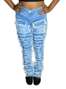 RED FOX WOMEN'S STACKED FRAYED HEAVY DENIM PANTS PA4436 (LT BLUE)