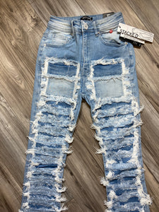 RED FOX WOMEN'S STACKED FRAYED HEAVY DENIM PANTS PA4436 (LT BLUE)