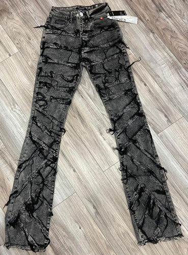 RED FOX WOMEN'S STACKED FRAYED DENIM PANTS PA4454 (ACID BLACK)