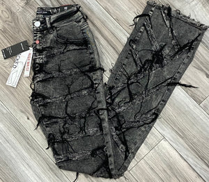 RED FOX WOMEN'S STACKED FRAYED DENIM PANTS PA4454 (ACID BLACK)