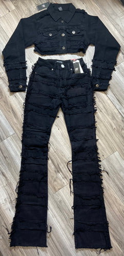 REDFOX SUPER FRAYED CROP JACKET AND STACKED JEANS SD4446 (JET BLACK)