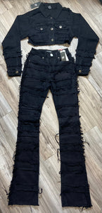REDFOX SUPER FRAYED CROP JACKET AND STACKED JEANS SD4446 (JET BLACK)