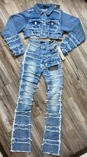 REDFOX SUPER FRAYED CROP JACKET AND STACKED JEANS SD4446 (LT. BLUE)