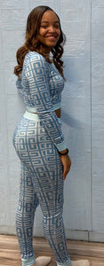 WOMEN'S VINTAGE PRINT CROP TOP & PANT SET (BLUE) IN STORES NOW!