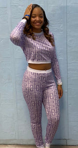 WOMEN'S VINTAGE PRINT CROP TOP & PANT SET (PURPLE) IN STORES NOW!