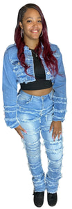 REDFOX SUPER FRAYED CROP JACKET AND STACKED JEANS SD4446 (LT. BLUE)