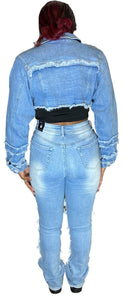REDFOX SUPER FRAYED CROP JACKET AND STACKED JEANS SD4446 (LT. BLUE)