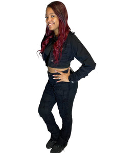 REDFOX SUPER FRAYED CROP JACKET AND STACKED JEANS SD4446 (JET BLACK)