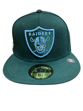 Load image into Gallery viewer, Las Vegas Raiders New Era 50th Anniversary Custom Authentic 59Fifty (Dk Green/Sky Blue)