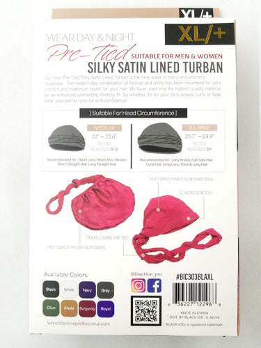 Black Ice Pre-Tied Silky Satin Lined Turban XL