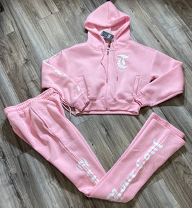 REDFOX "TRUST YOUR SOUL" FLEECE CROP JACKET W/ STACKED PANTS (LT. PINK)