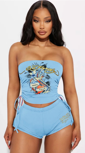 WOMEN'S GRAFFITI PRINT TUBE TOP & SHORT 2PC SET IN STORES NOW! (BABY BLUE)