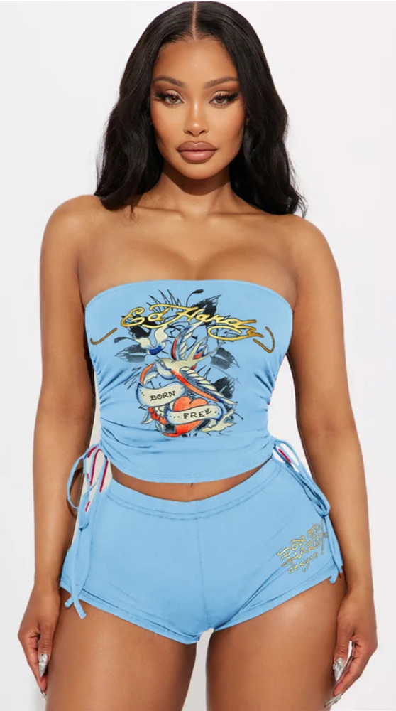 WOMEN'S GRAFFITI PRINT TUBE TOP & SHORT 2PC SET IN STORES NOW! (BABY BLUE)