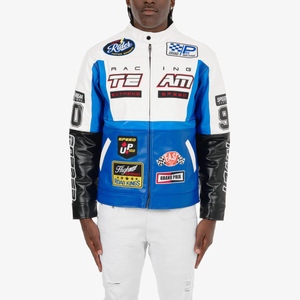 COPPER RIVET WHITE / BLUE MOTO RACING PU LEATHER JACKET