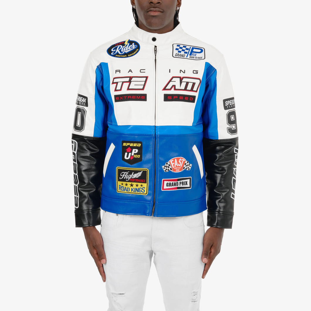 COPPER RIVET WHITE / BLUE MOTO RACING PU LEATHER JACKET
