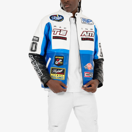 COPPER RIVET WHITE / BLUE MOTO RACING PU LEATHER JACKET