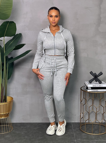 ACCESS WOMEN'S 2PC ACTIVEWEAR ZIPDOWN CROP/JOGGER OUTFIT SET (HEATHER GREY)