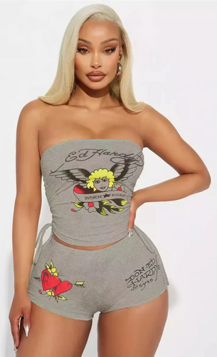 WOMEN'S GRAFFITI PRINT TUBE TOP & SHORT 2PC SET IN STORES NOW! (GREY)