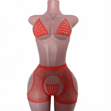 Load image into Gallery viewer, Dance WOMEN'S 3PC RHINESTONE FLOSS BIKINI &amp; RHINESTONE SMALL DIAMOND FISHNET SHORTS