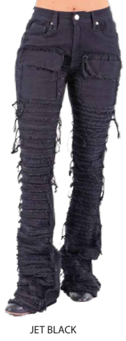 RED FOX WOMEN'S STACKED FRAYED HEAVY TWILL PANTS PA4416 (JET BLACK)