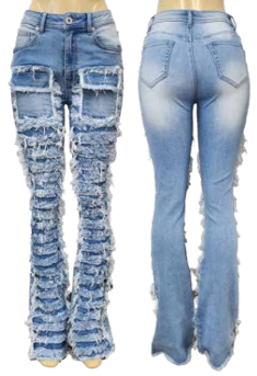 RED FOX WOMEN'S STACKED FRAYED HEAVY DENIM PANTS PA4436 (LT BLUE)