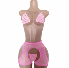 Load image into Gallery viewer, Dance WOMEN'S 3PC RHINESTONE FLOSS BIKINI &amp; RHINESTONE SMALL DIAMOND FISHNET SHORTS