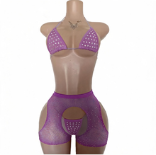 Load image into Gallery viewer, Dance WOMEN'S 3PC RHINESTONE FLOSS BIKINI &amp; RHINESTONE SMALL DIAMOND FISHNET SHORTS