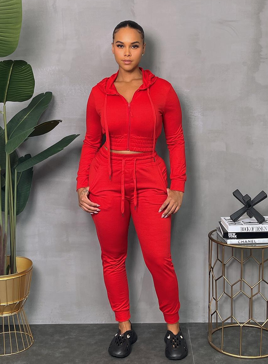 ACCESS WOMEN'S 2PC ACTIVEWEAR ZIPDOWN CROP/JOGGER OUTFIT SET (RED)