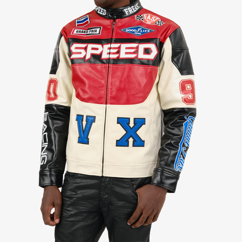 COPPER RIVET BLACK / RED MOTO RACING PU LEATHER JACKET