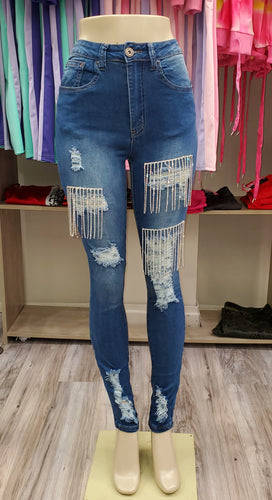 WOMEN'S REDFOX HIGHWAISTED RHINESTONE RIPPED JEANS (PA0407)