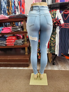 REDFOX HIGH WAISTED Rip Off Fringe Jeans (L. Blue) PA0434