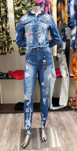 REDFOX PRINTED RIPPED DENIM SET MEDIUM BLUE (SD102)