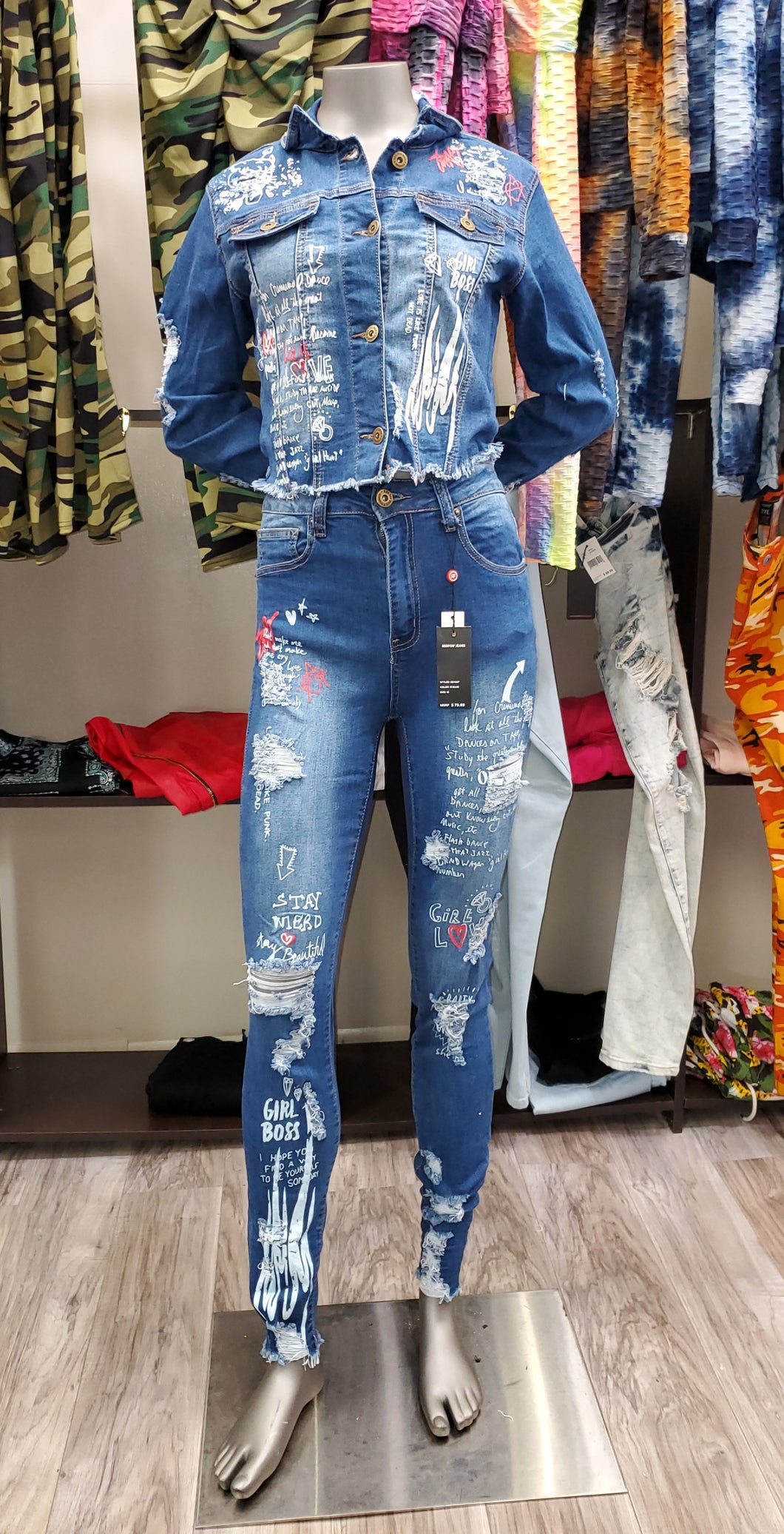 REDFOX PRINTED RIPPED DENIM SET MEDIUM BLUE (SD102)