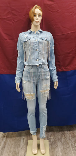 REDFOX RIPPED CROP RHINESTONES SET LT.BLUE (SD103)