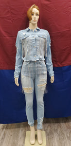 REDFOX RIPPED CROP RHINESTONES SET LT.BLUE (SD103)